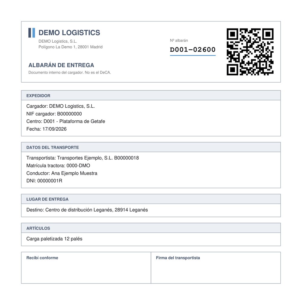 A delivery note with its QR code at the top right and the transport block in the middle.