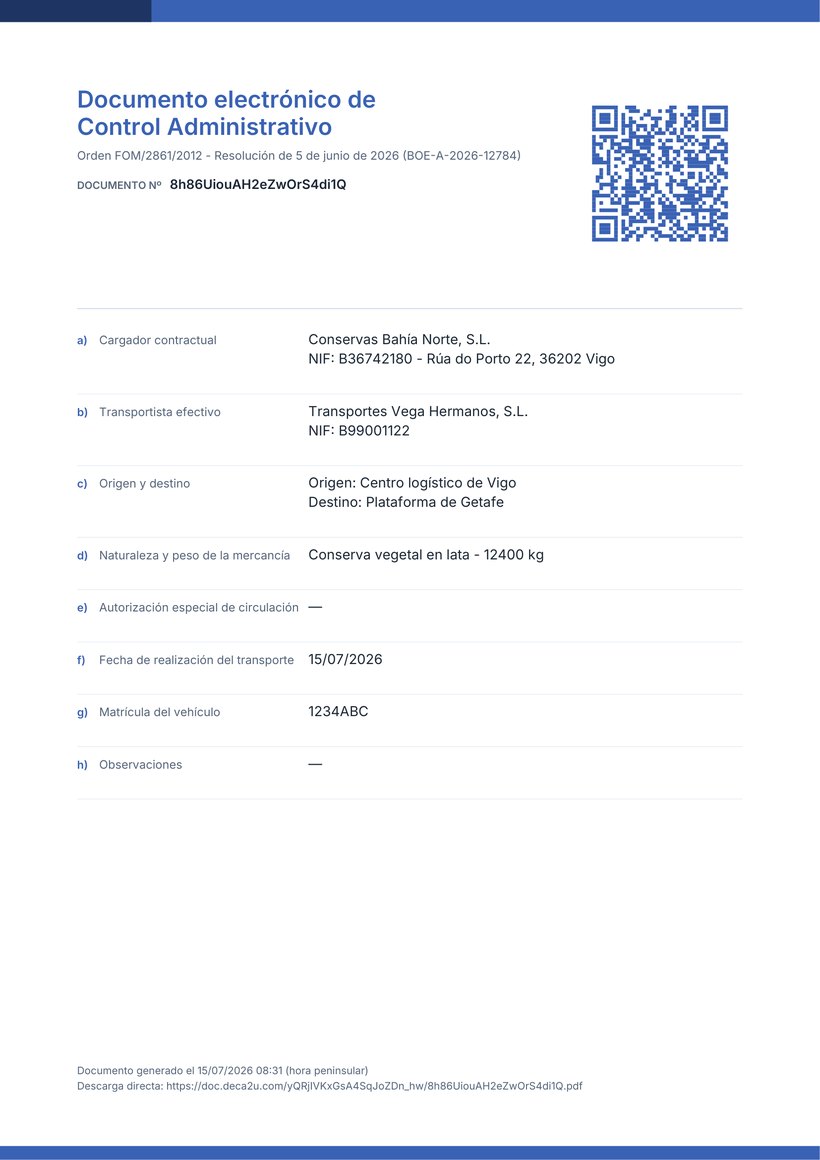 An issued DeCA: the eight fields of article 6 and its download QR code.
